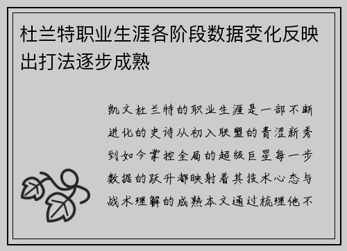 杜兰特职业生涯各阶段数据变化反映出打法逐步成熟