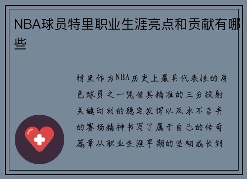 NBA球员特里职业生涯亮点和贡献有哪些